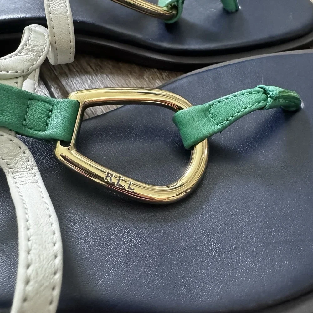 Lauren Ralph Lauren Nanine Leather Sandals Navy White Green Gold Hardware 6B - Picture 3 of 7